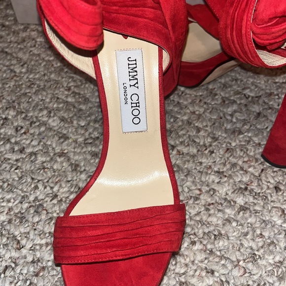 Jimmy Choo, red, soft suede, open toe wrap heels - Picture 4 of 5